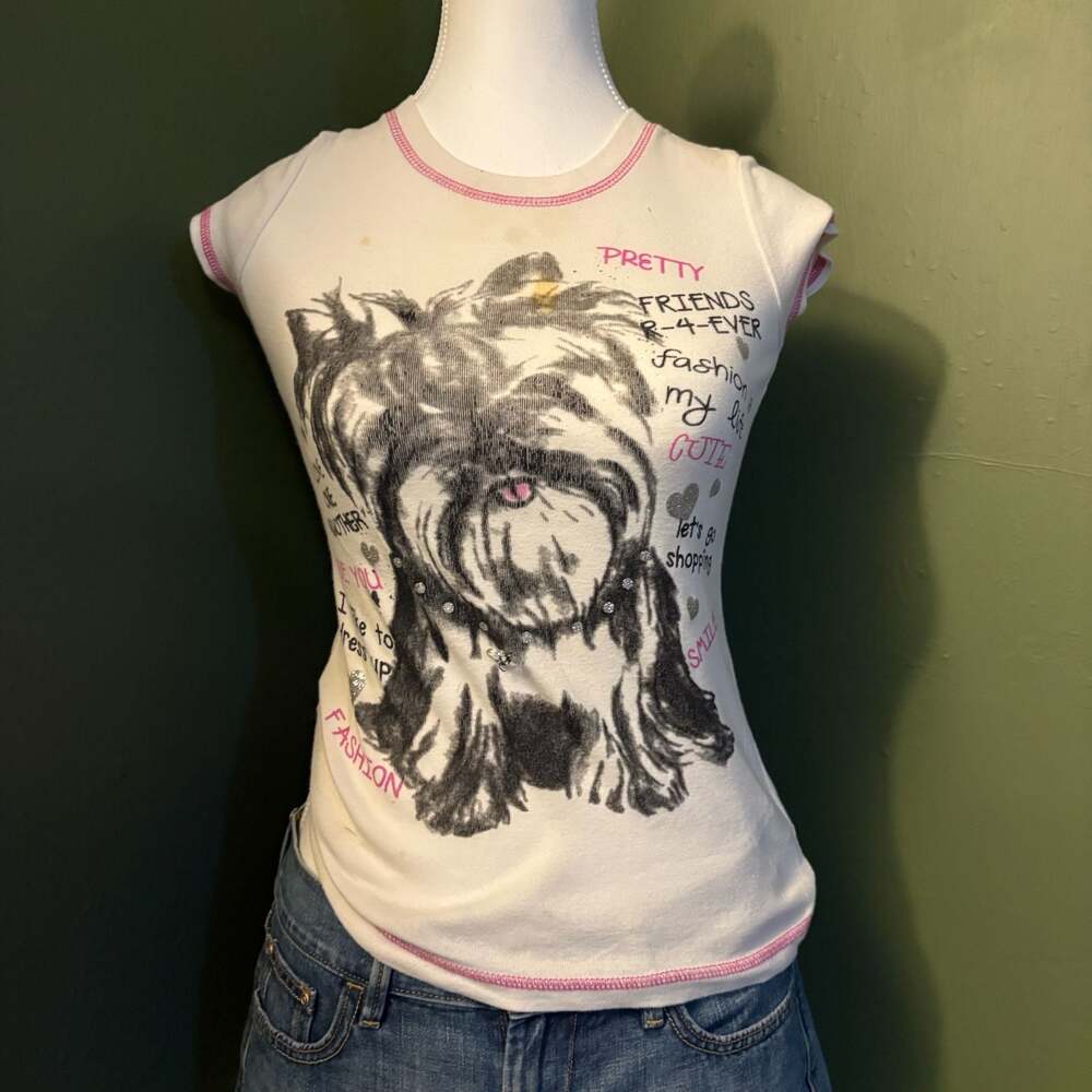 Beautees Graphic Dog Print Ringer T-Shirt Size M